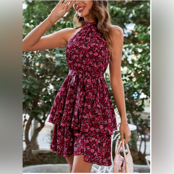 Rose Floral Print Layered Ruffle Hem Belted Halter Dress - Picture 3 of 9